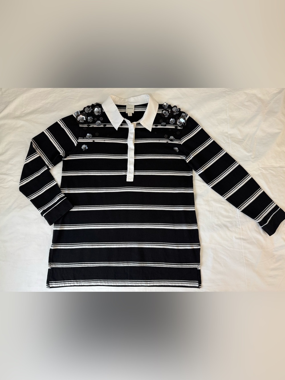 Maeve Anthropologie Women's Striped Embellished Sequin Rugby Long Sleeve Blouse